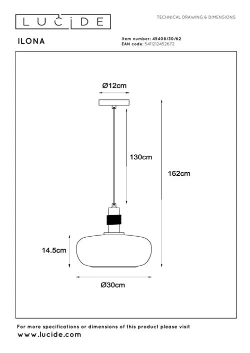 Lucide ILONA - Lámpara colgante - Ø 30 cm - 1xE27 - Ámbar - técnico